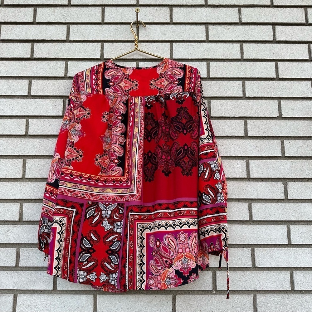 Chico’s Red Patchwork Paisley Peasant Blouse Split Neck Boho Scarf Print Top XL - Picture 11 of 14